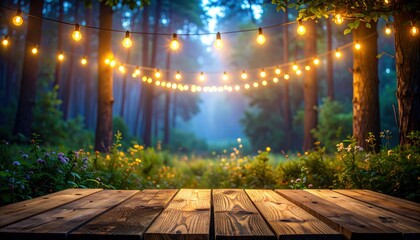 Wooden terrace in a forest with string lights hanging between trees at dusk, creating a magical outdoor atmosphere for parties, weddings, festivals and summer evening events.
