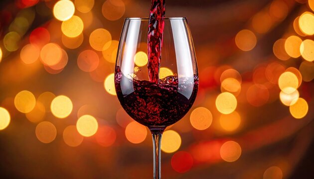 Red wine being poured into glass against warm golden bokeh lights. Ideal for celebration, New Year’s Eve, restaurant, party, luxury lifestyle, tasting, romantic dinner, advertising. - Powered by Adobe