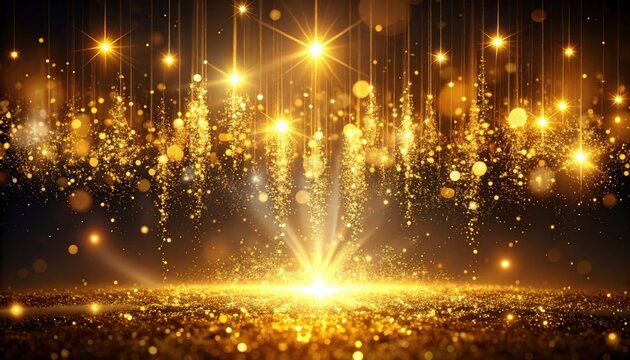 Golden sparkling lights, glitter and glowing particles falling on a dark background, creating a luxurious festive atmosphere for New Year, party invitations, banners and event design.