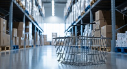 A shopping cart is in a warehouse with many boxes. The cart is empty. The warehouse is very large and has many boxes stacked on shelves