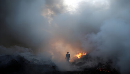 Fototapeta premium A person stands near a fire, surrounded by smoke
