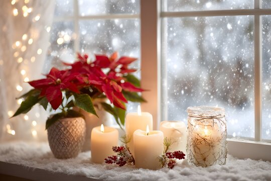 Cozy winter holiday still life of lit candles and red poinsettias on windowsill with falling snow outside festive Christmas ambience christmas decoration with candle