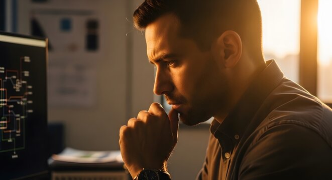 Thoughtful man working on a computer at the office