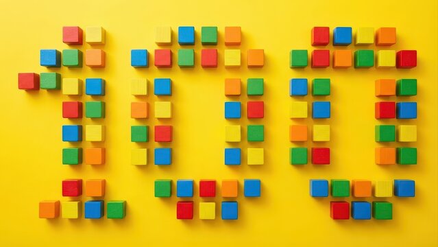 number 100 made of colorful wooden blocks on yellow background. concept of hundred days of school celebration and mathematics learning. education, childhood game. banner, website header with copyspace
