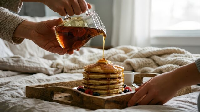 pouring sweet syrup on pancakes stack with butter and berries. wooden tray on bed with white linens. cozy morning breakfast surprise. banner, website header, copy space.