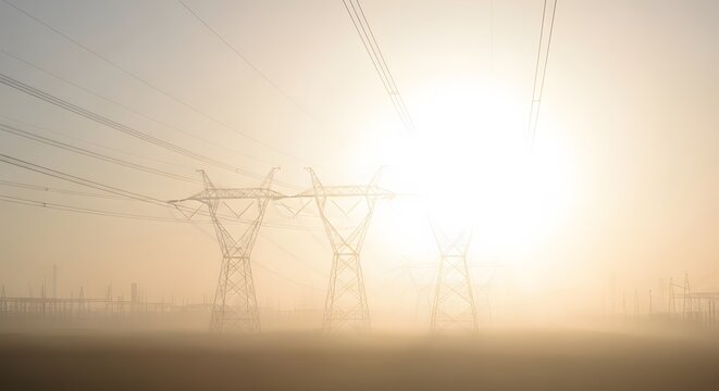 Electric pylons silhouette at sunset 