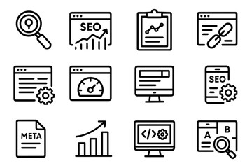SEO and Digital Marketing solid icon set. Contains symbols for Keywords, Backlinks, Data Analytics, and PPC. Flat vector design for website ranking and marketing strategy.