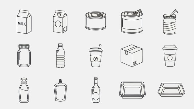 Collection of Recyclable Packaging and Containers Line Art.