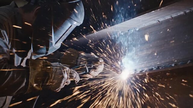 Skilled Welder Creates Sparks and Light in Industrial Setting.