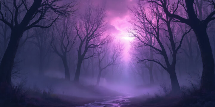 Eerie forest trees stand silhouetted against vibrant purple sky. Dense fog, mist cover ground, creating mystical, magical atmosphere. Glowing light illuminates path, enhancing dreamy, surreal night