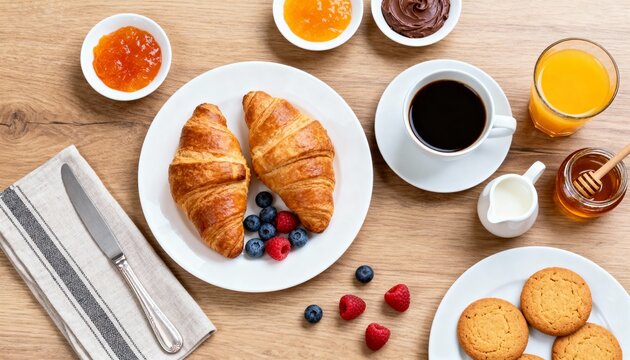 Breakfast with croissants, coffee, jams and berries - Powered by Adobe