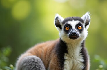 Fototapeta premium Curious lemur gazes directly at viewer with bright eyes. Primate sits amidst green foliage, creating natural backdrop. Image evokes curiosity, wonder about wildlife in Madagascar. Ideal for