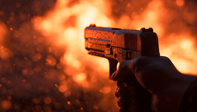 A person is seen holding a gun with a fiery background. This image can be used to depict danger, crime, or intense situations
