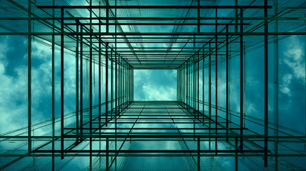 Looking up through a modern architectural structure towards a dramatic sky