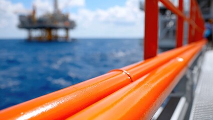 Bright Orange Metal Railings on Offshore Structure with Oil Rig in Soft Background
