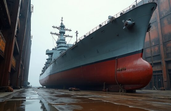 Massive grey naval ship sits in dry dock for maintenance. Red painted hull bottom fully exposed. Industrial buildings loom over large military vessel. Wet concrete ground reflects overcast sky, ready