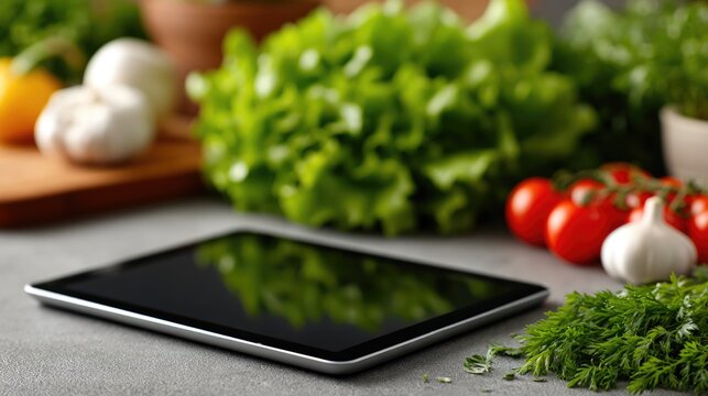 Tablet on Kitchen Counter with Vegetables - Powered by Adobe