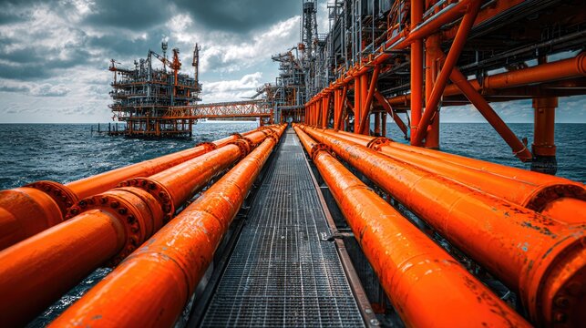 Industrial Offshore Oil Platform with Massive Orange Pipelines Leading to the Sea