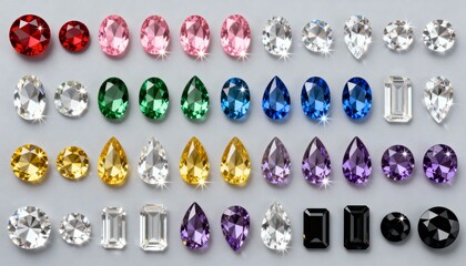 Set of color round and oval gemstones isolated on white background