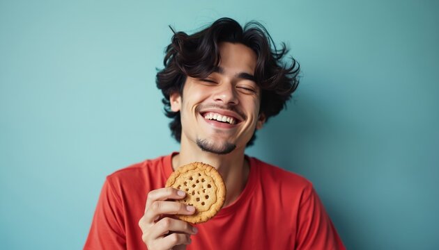 Happy young man smiles while eating cookie. Guy dressed in red enjoy sweet dessert with pleasure. Student snack after classes. Teen boy has craving for sugar snacks.