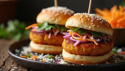 Two tasty vegetarian burgers on a rustic wooden table. Gourmet sliders with fried potato patties, fresh carrot, onion, cilantro in sesame buns. Healthy Indian inspired street food meal.