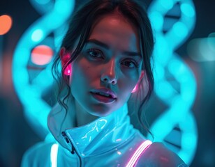 Woman with glowing neon accents. Futuristic style, dark background, bright blue DNA helix. She wears shiny jacket with pink and blue lights. Her look is intense.