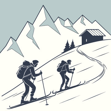 Dos personas practican esqu&iacute; de traves&iacute;a ascendiendo una colina nevada con mochilas, bastones y ropa de invierno. Al fondo se ven monta&ntilde;as escarpadas y una caba&ntilde;a de madera.
