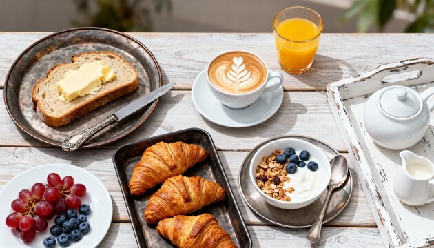 Croissant, coffee, and orange juice on a white table. Traditional breakfast.