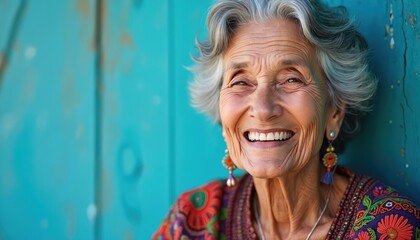 Happy senior woman with grey hair smiles showing perfect white teeth. Cheerful old lady with face wrinkles expresses pure joy. Beautiful ethnic grandmother in colorful dress, traditional earrings