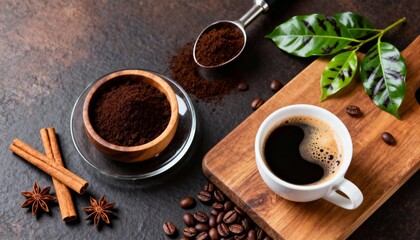 A top-down shot captures a coffee-themed still life. In the foreground, cinnamon stick.