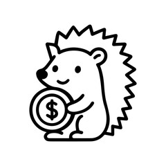 hedgehog with a coin vector line icon on a white background Vector line icon on a white background