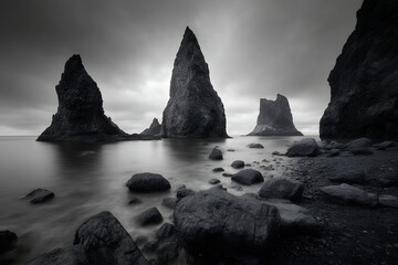 basalt stacks rise from silky water in long exposure seascape