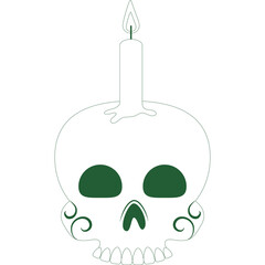 Stylized Skull With Candle On Top Isolated On White Background Minimalist Line Art Design Dark Green Outline Dotted Silhouette Graphic Element Occasion Celebration Death Mourning Symbol