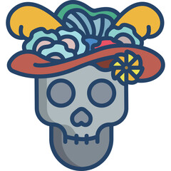 Stylized Skull Wearing a Wide Brimmed Hat Adorned with Colorful Flowers and Feathers Against a Transparent Background
