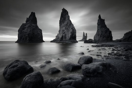 basalt stacks rise from calm sea in long exposure monochrome shot