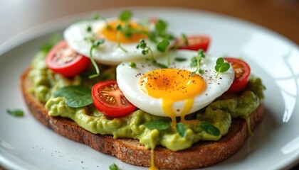 Savory avocado toast topped with perfectly poached eggs and ripe cherry tomatoes. Garnished with fresh microgreens and seasoned with pepper. A delicious and nutritious breakfast or brunch.
