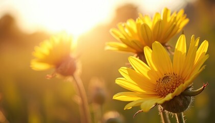 Obraz premium Jerusalem artichoke blooms at golden sunset light. Sunflowers glow in background. Floral close up reveals details. Beauty, nature, botanical themes with Helianthus tuberosus bloom in summer.