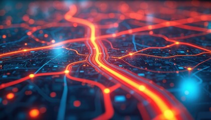 Abstract futuristic city map. Orange lines represent transport network. Blue spots illustrate buildings. Creative concept for future smart city, connectivity, big data, tech industry, digital