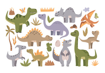 Charming dinosaur prehistoric creatures characters different species set surrounded natural elements © wooster
