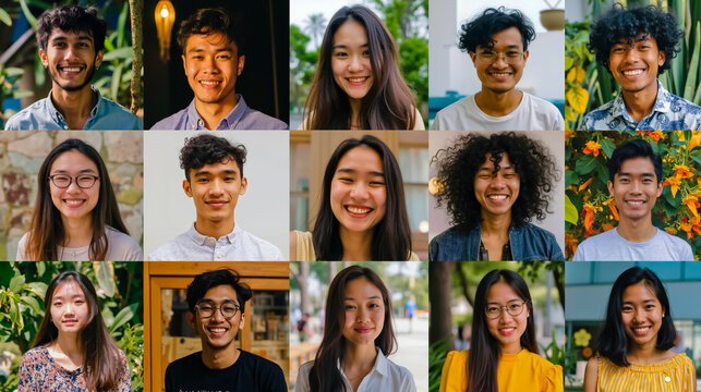 A collage of 16 smiling faces of young people each with a unique expression and background