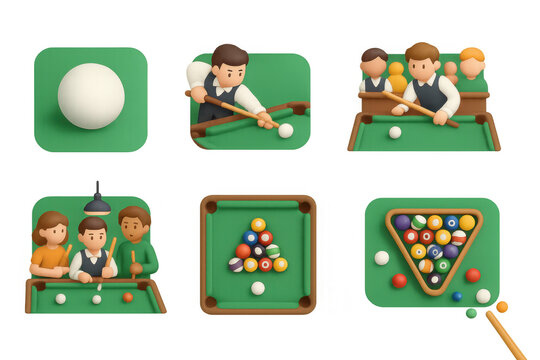 Billiards icon set with people playing pool in simple cartoon style for game room decor