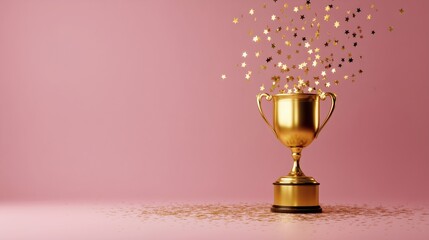 Fototapeta premium Golden trophy standing on a pink surface with star confetti falling above it.