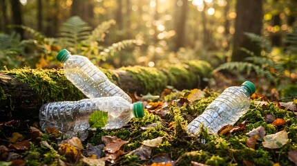Fototapeta premium Plastic Waste Littering the Forest Floor, Environmental Pollution and Conservation Awareness