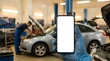 Car Repair Service Appointment Scheduling App on Smartphone In Auto Garage Shop