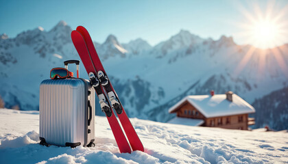 Red skis and luggage sit in snow near mountain cabin on ski resort. Goggles lie on suitcase. Sun shines. Vacation trip start preparation in winter wonderland landscape with mountain peaks.