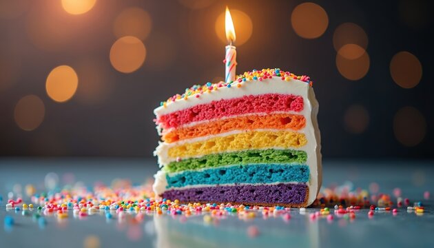 Rainbow layer cake slice with lit candle and colorful sprinkles. Festive dessert for birthdays, anniversaries, or special parties. Sweet treat with whipped cream frosting.