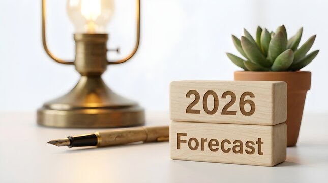 2026 Forecast Blocks with Succulent and Lamp on Desk for Financial Planning - Powered by Adobe