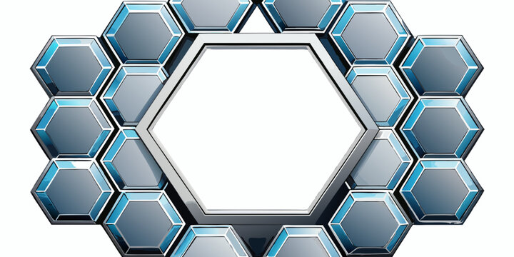 Technological hexagonal frame element with gray and blue metallic cells surrounding an empty central space.