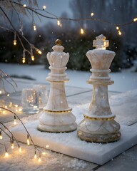 Elegant Chess Pieces Adorned with Snow and Warm Fairy Lights in Winter