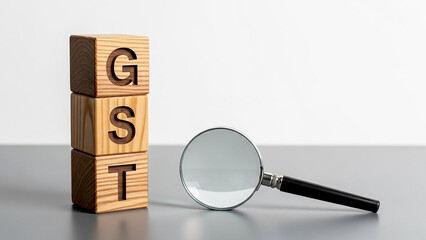 Examining GST Wooden Blocks with Magnifying Glass Reveal Tax Details Finance Business Accounting and Economic Policy